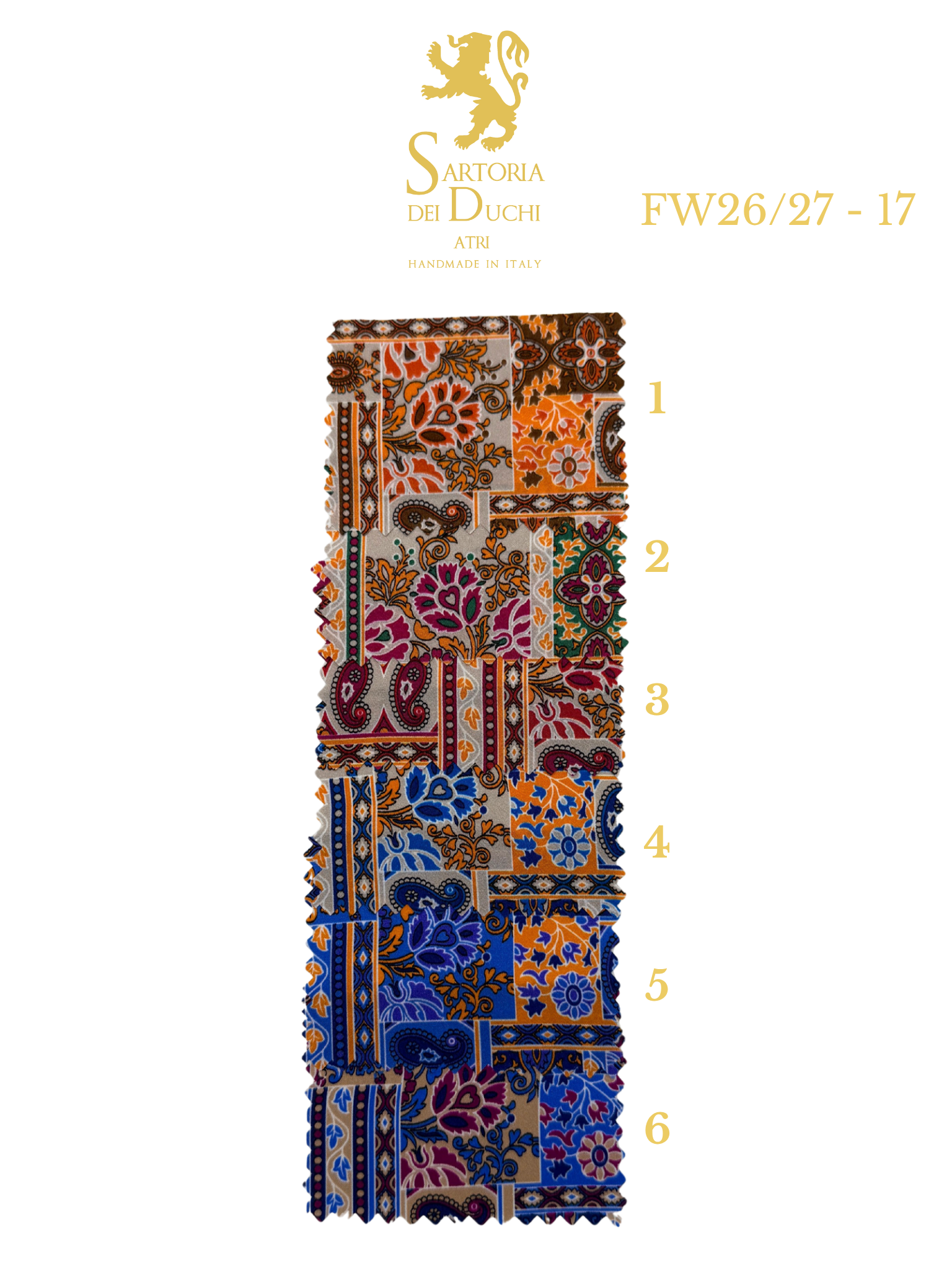 Patterned fabric swatch with measurement scale and Sartoria Dei Duchi - Atri logo on a white background