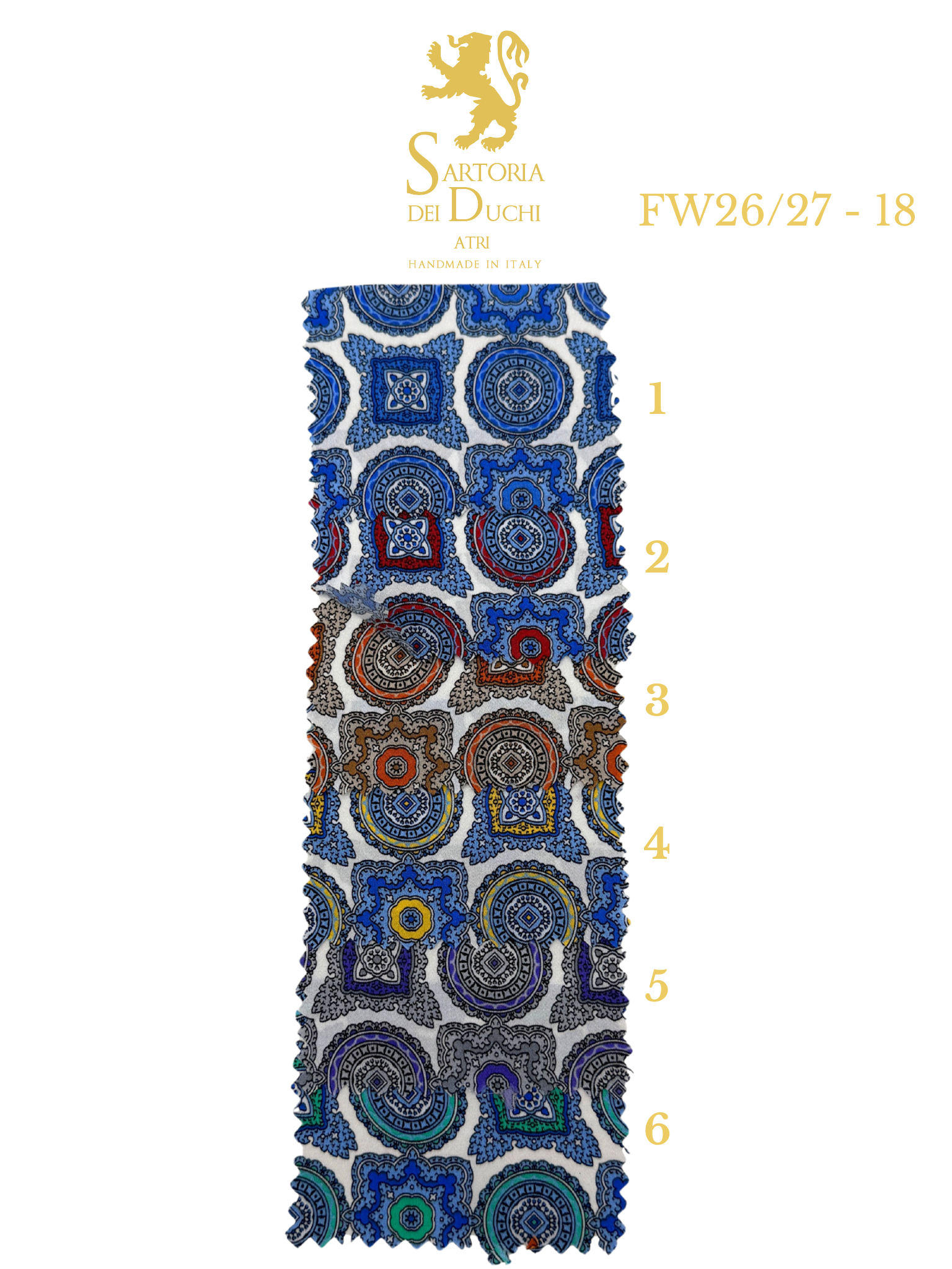 Patterned fabric swatch with measurement scale and Sartoria Dei Duchi - Atri logo on a white background
