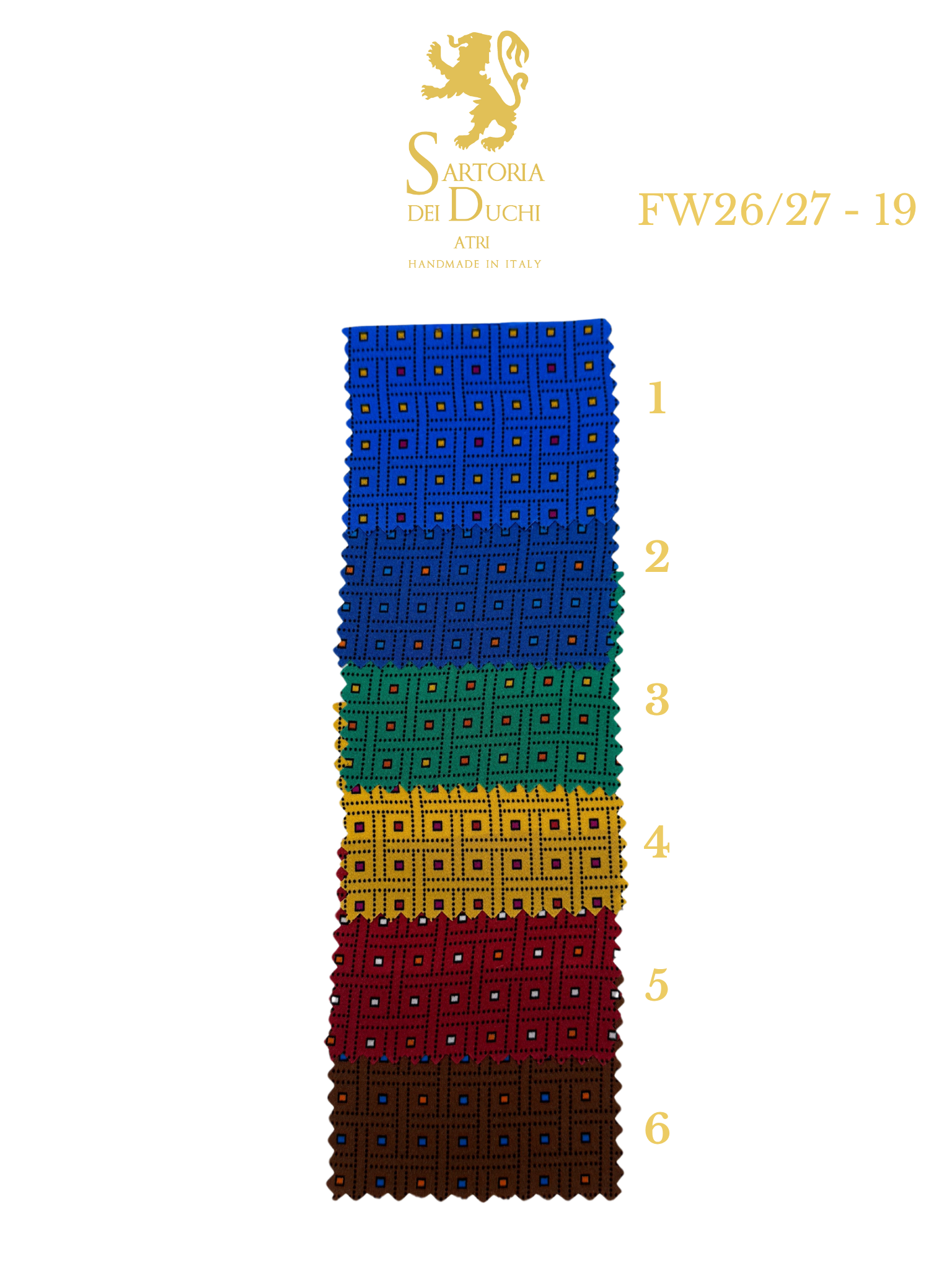 Color swatch with geometric patterns in blue, green, gold, and red on a white background, featuring Sartoria Dei Duchi - Atri logo.