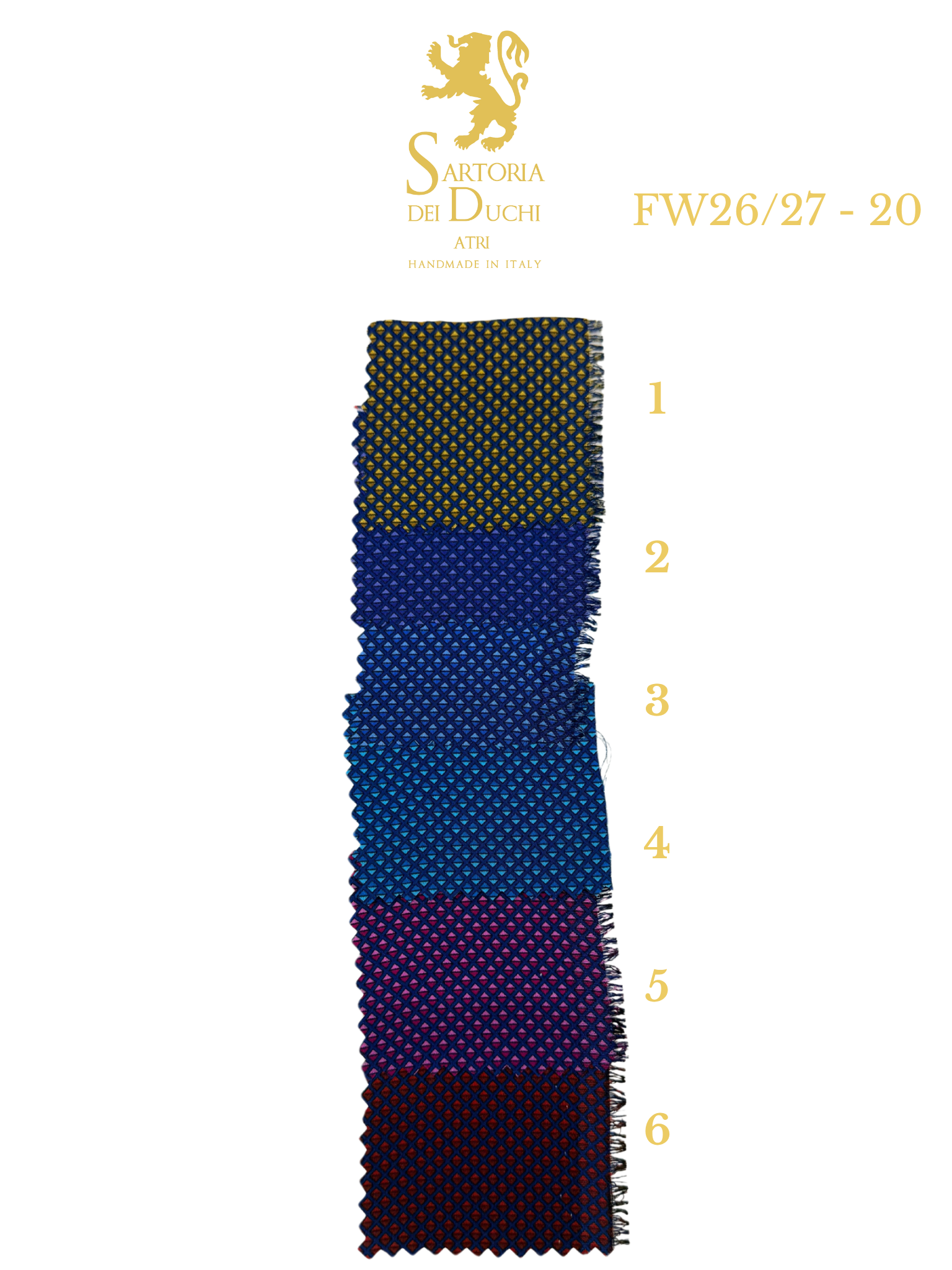 Color swatch with a patterned tie and measurement scale, featuring the Sartoria Dei Duchi - Atri brand.
