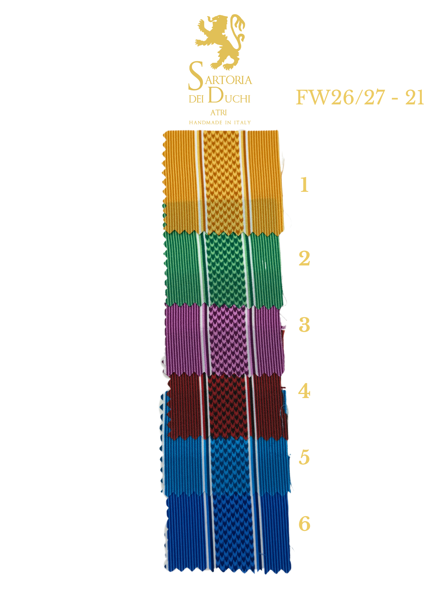 Color swatch with striped patterns and Sartoria Dei Duchi - Atri logo on a white background