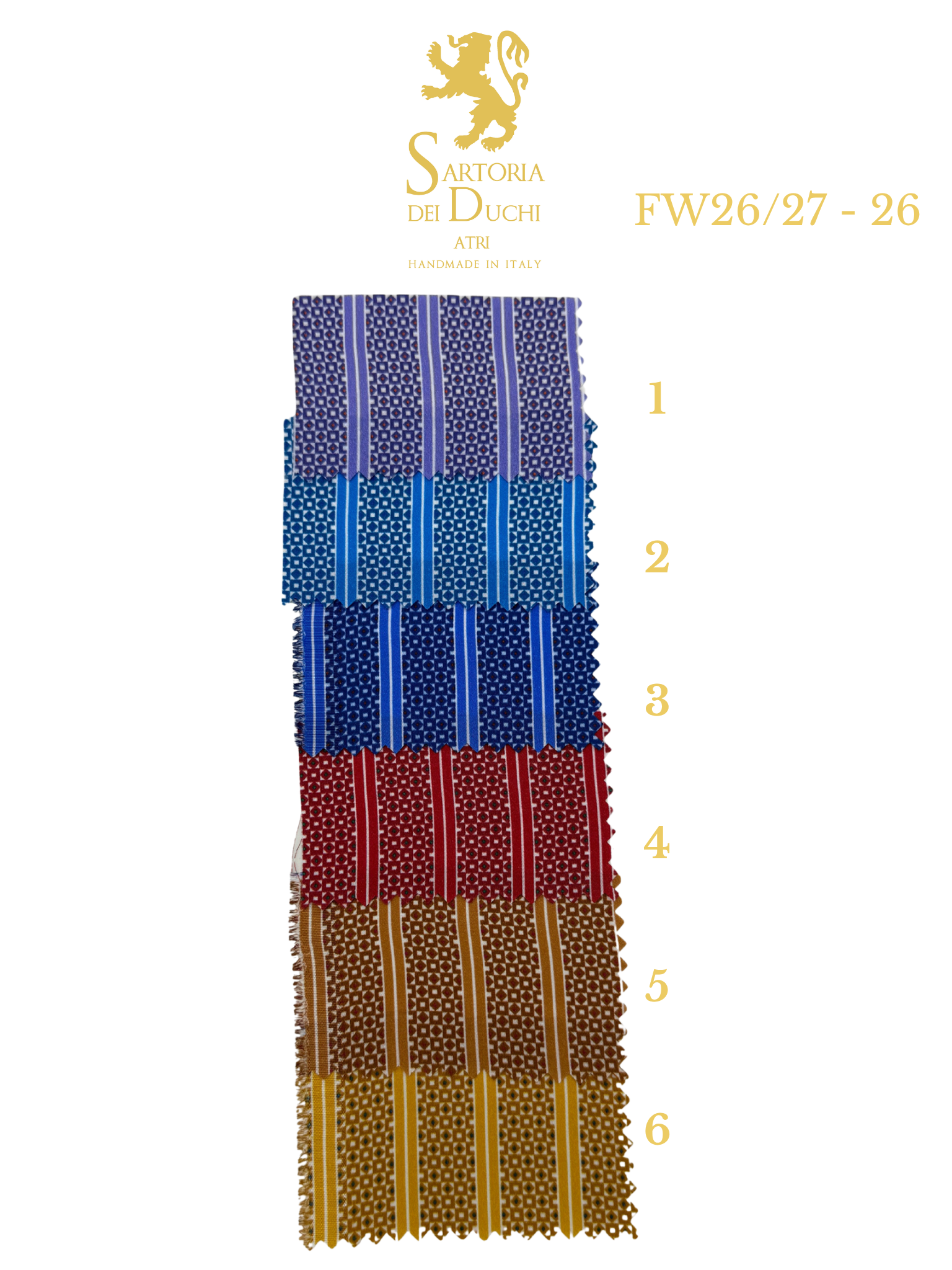 Color swatch with striped patterns and Sartoria Dei Duchi - Atri logo on a white background