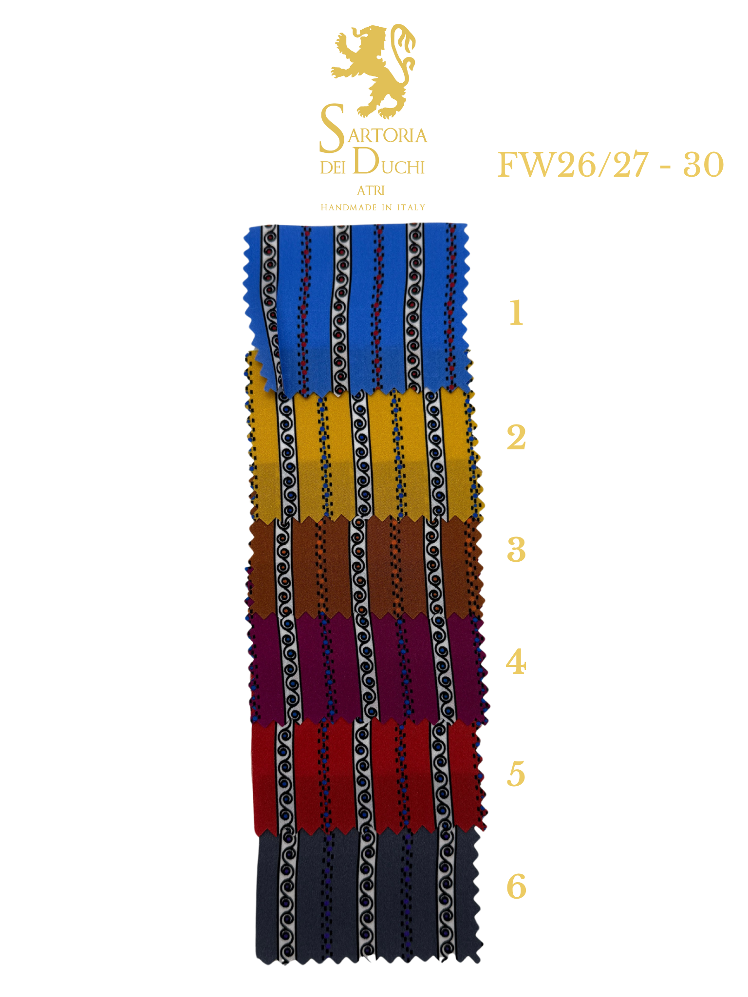 Color swatch card with striped fabric samples and Sartoria Dei Duchi - Atri
 logo.