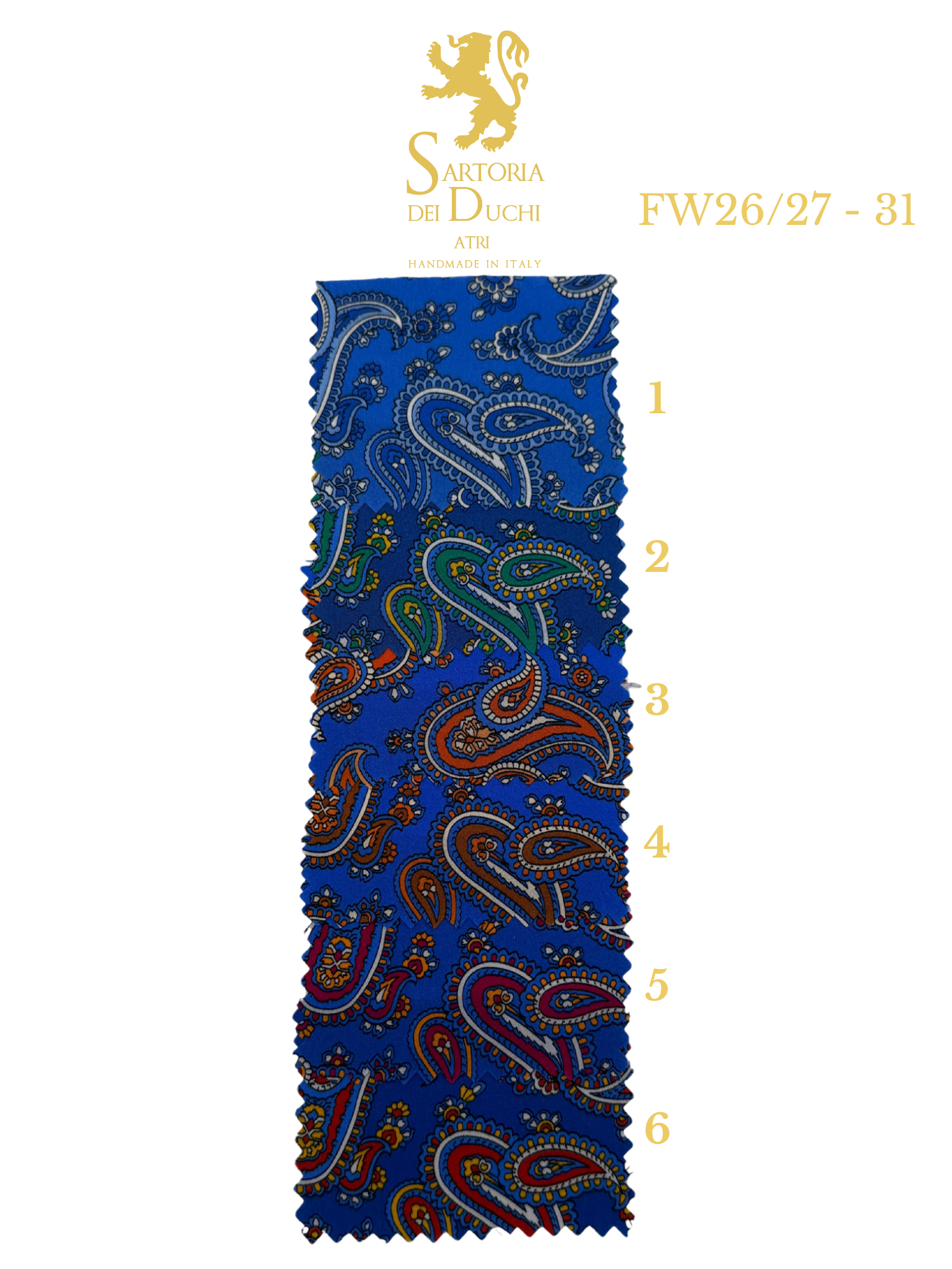 Blue fabric swatch with paisley pattern and Sartoria Dei Duchi - Atri logo on a white background