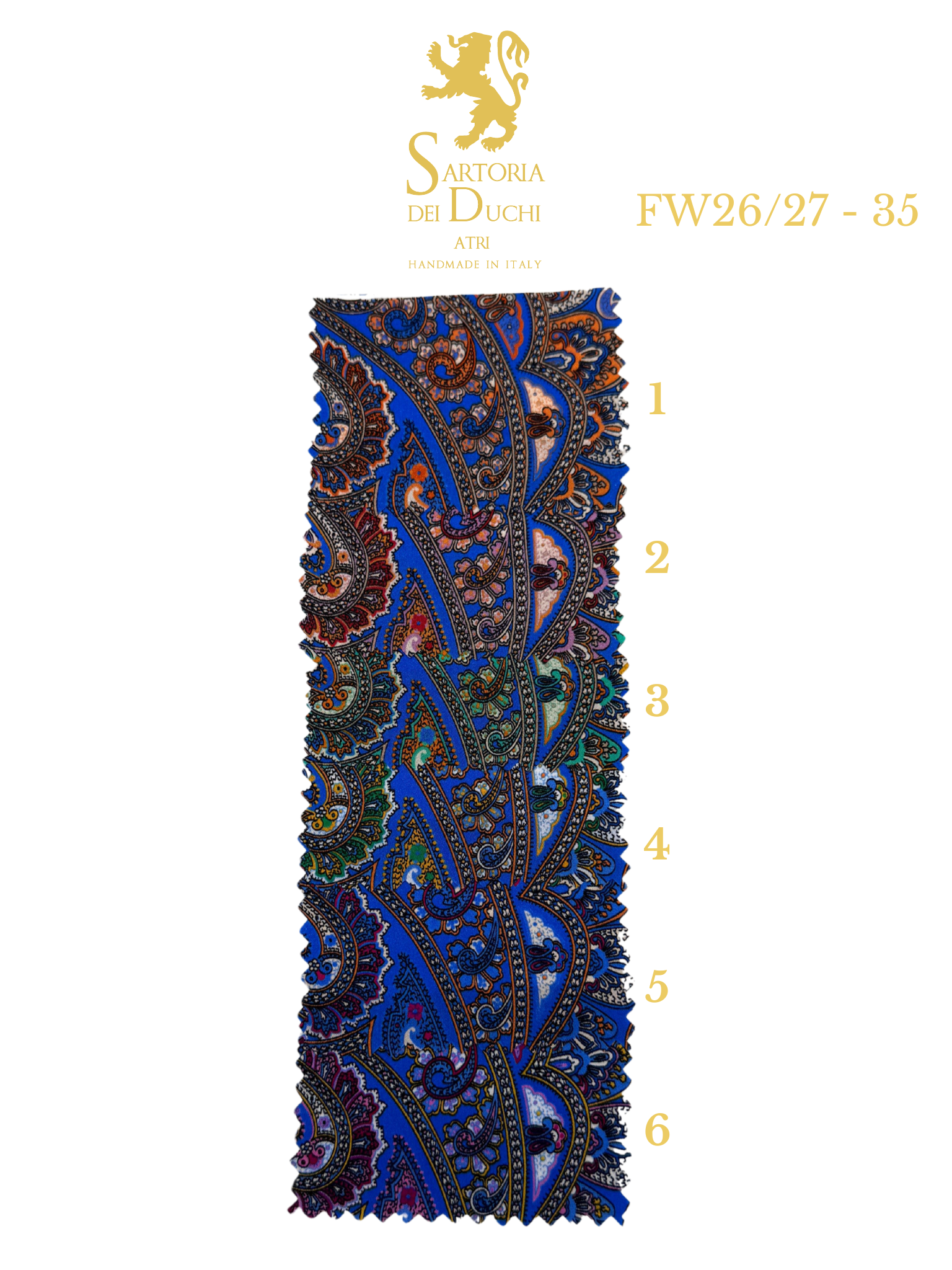 Paisley patterned fabric swatch with Sartoria Dei Duchi - Atri logo and product code on a white background