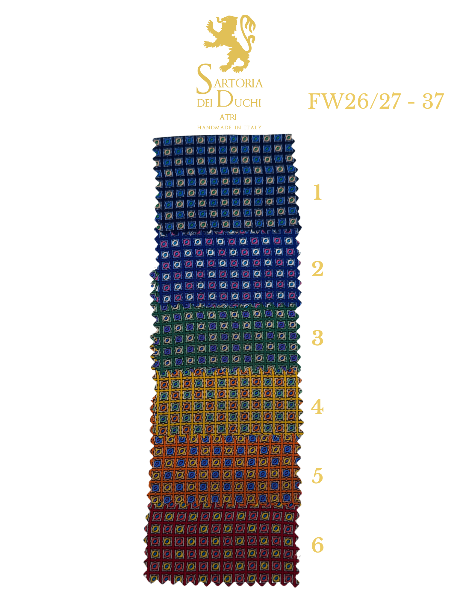 Patterned fabric swatch with measurement scale and Sartoria del Duchi logo on a white background
