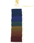 Patterned fabric swatch with measurement scale and Sartoria del Duchi logo on a white background