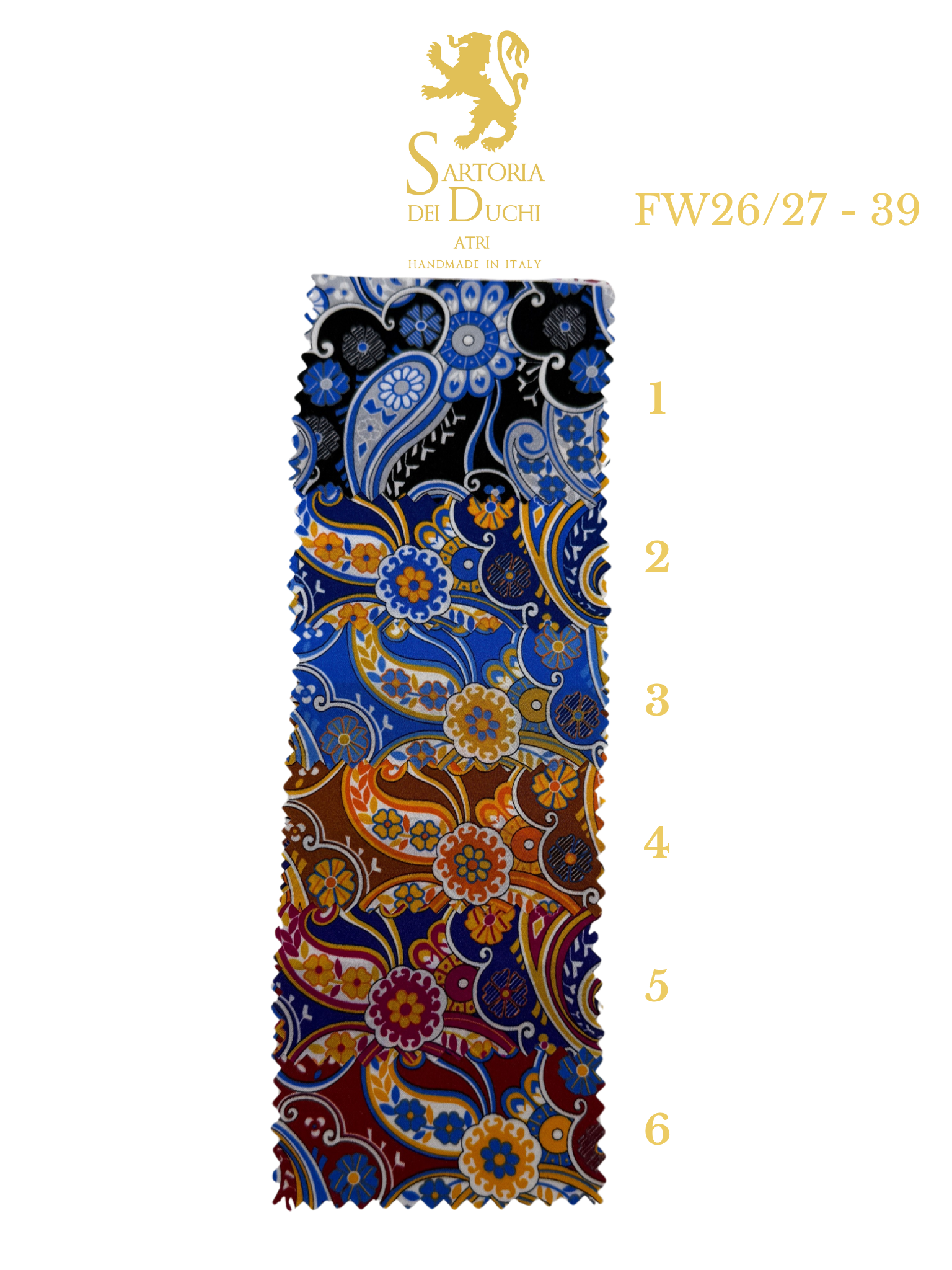 Colorful paisley patterned fabric with a measurement scale and Sartoria dei Duchi branding.
