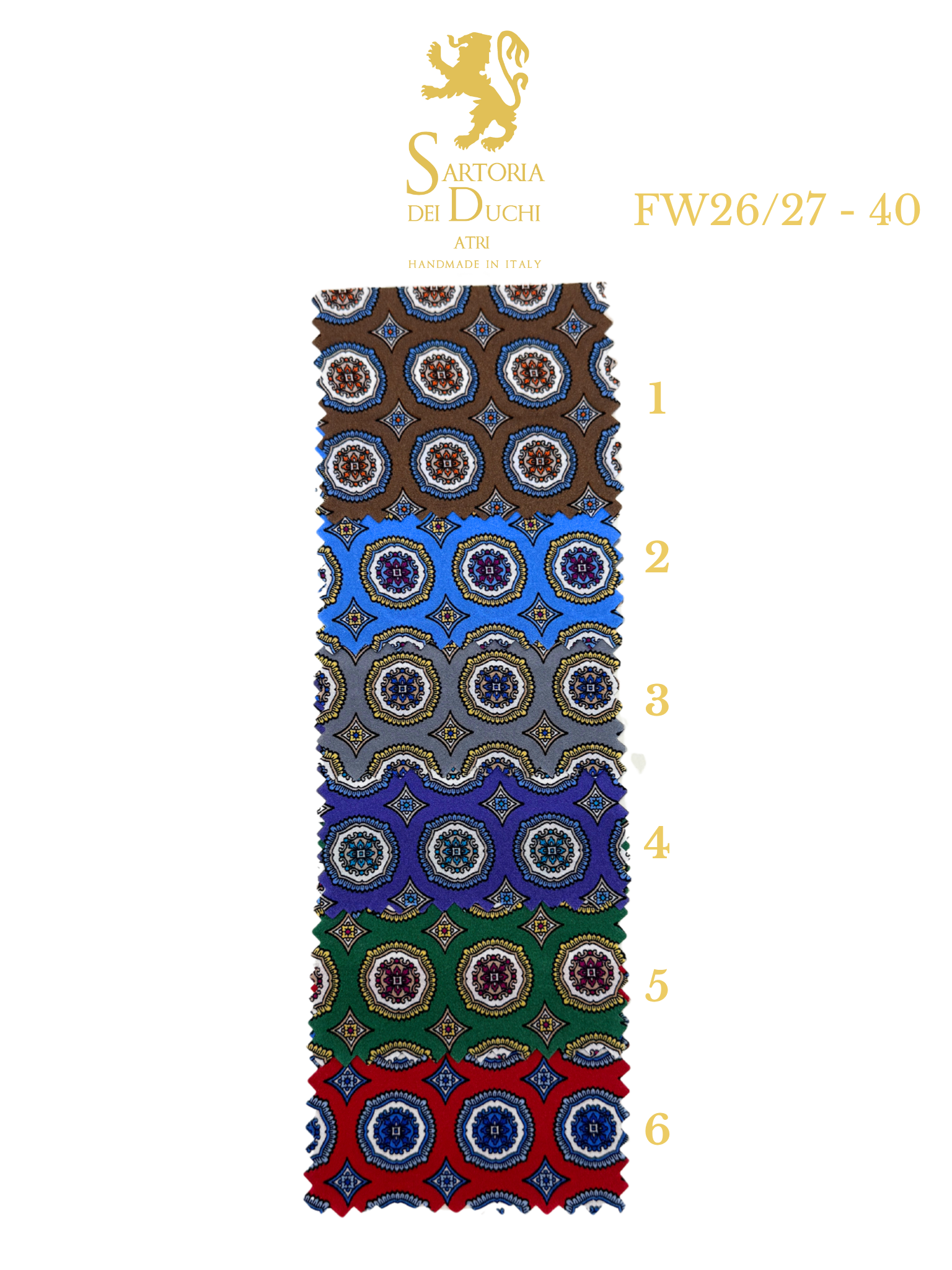 Patterned fabric swatch with measurement scale and Sartoria Dei Duchi - Atri branding on a white background