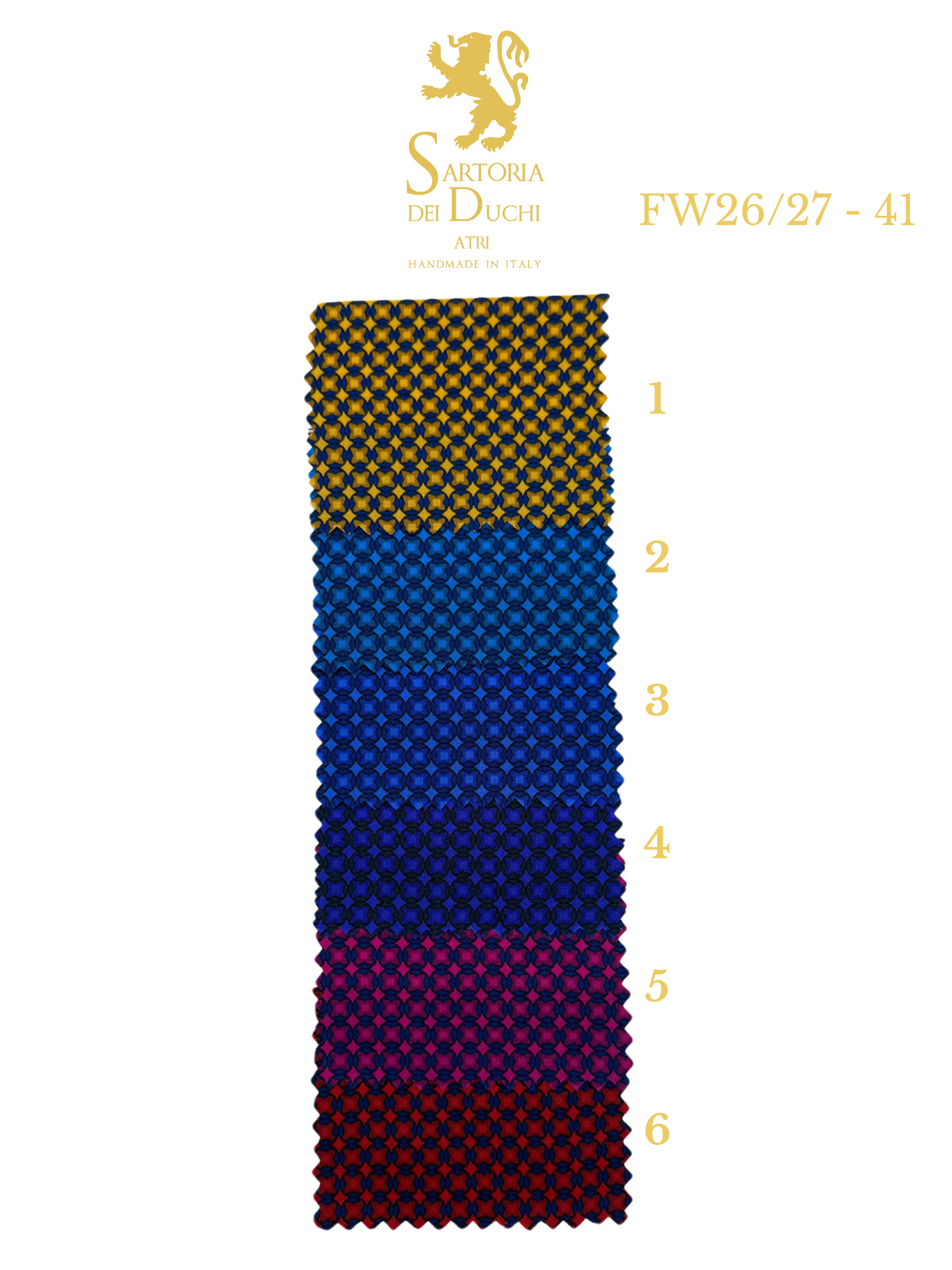 Color swatch with a patterned fabric and Sartoria Dei Duchi - Atri branding.