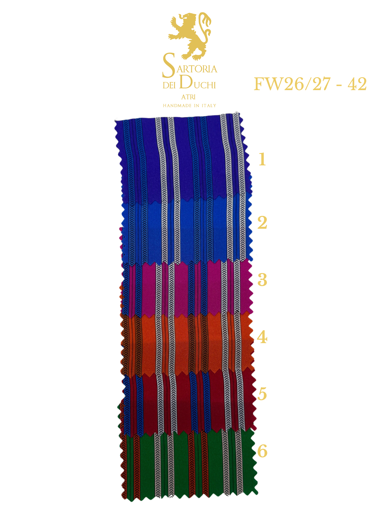 Color swatch with striped fabric pattern and Sartoria Dei Duchi - Atri
branding.