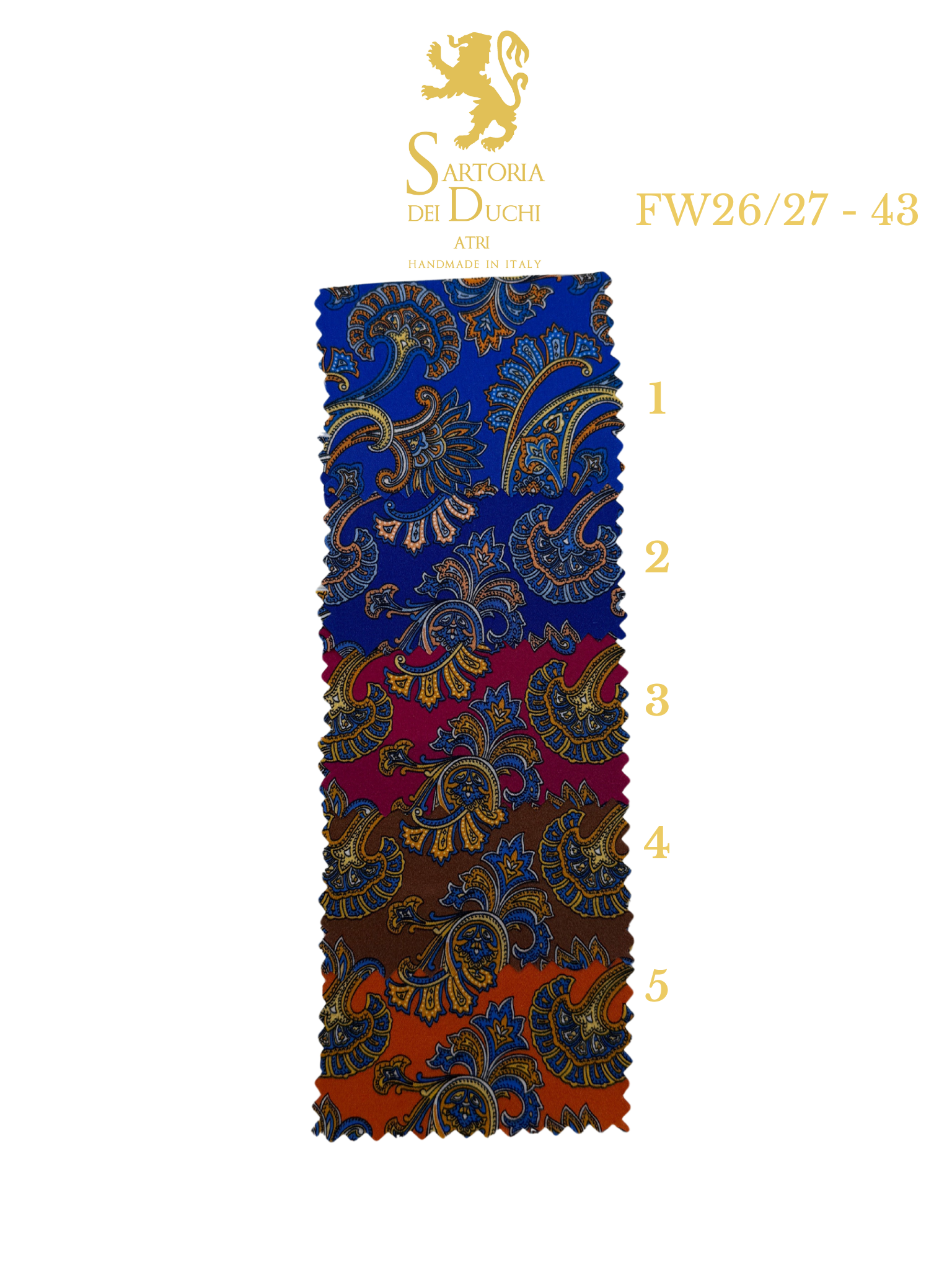 Fabric swatch with intricate paisley pattern in blue, red, and gold on a white background, featuring the Sartoria dei Duchi logo and text.