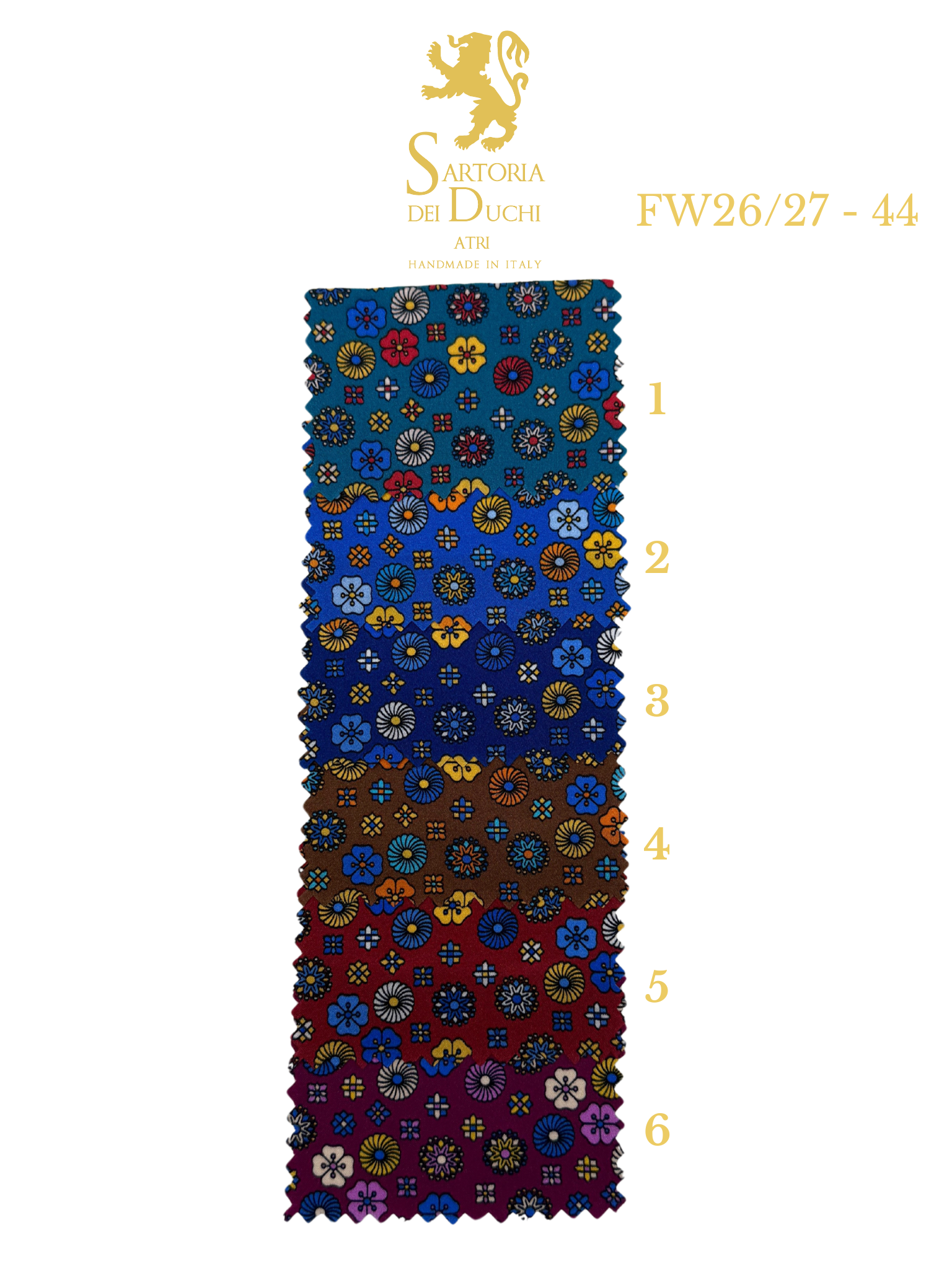 Textured fabric swatch with floral pattern and measurement scale on a white background, featuring the Sartoria Dei Duchi - Atri brand.