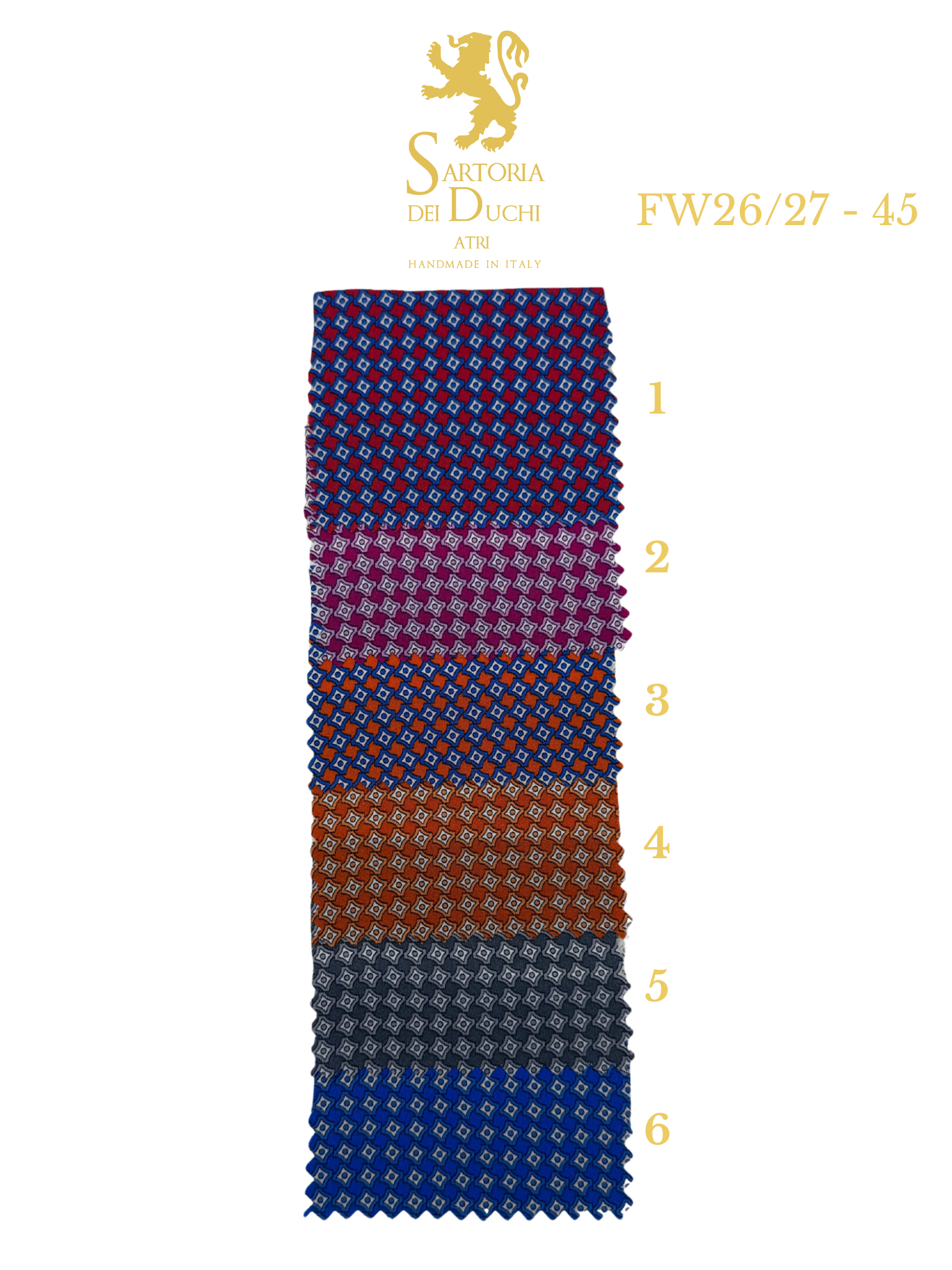 Color swatch of a patterned fabric with Sartoria Dei Duchi - Atri logo and product code on a white background