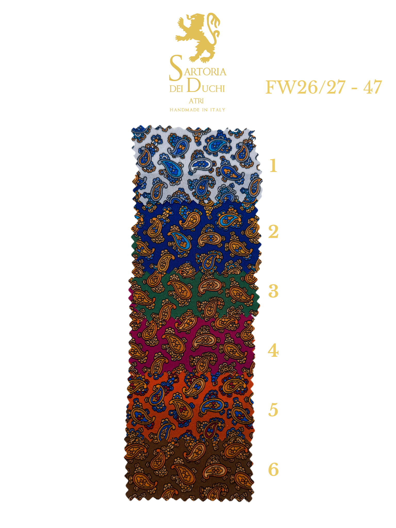 Color swatch with a patterned fabric and Sartoria del Duchi branding.