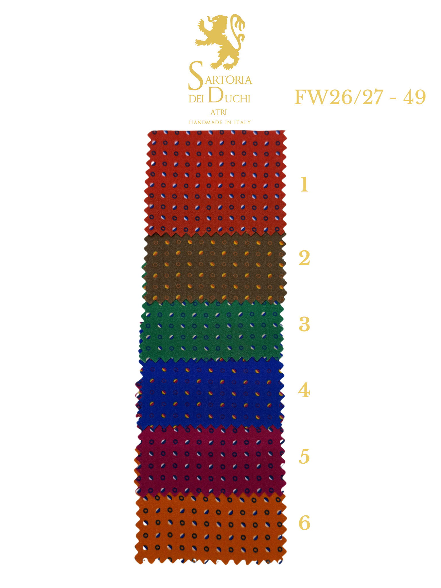 Color swatch with six different colored spiky ribbons and Sartoria del Duchi logo.