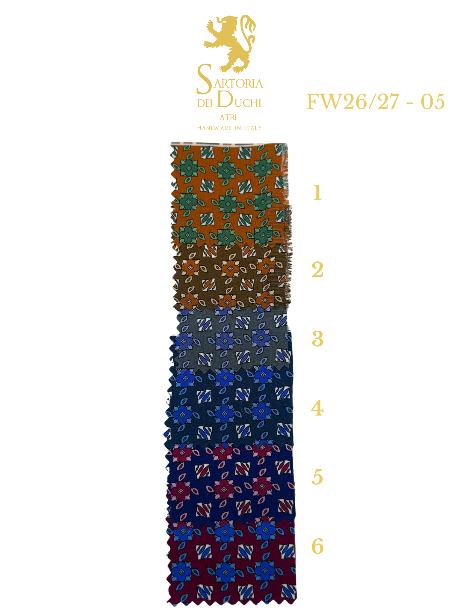 Patterned tie with measurement scale on a white background, featuring the Sartoria Dei Duchi - Atri brand.