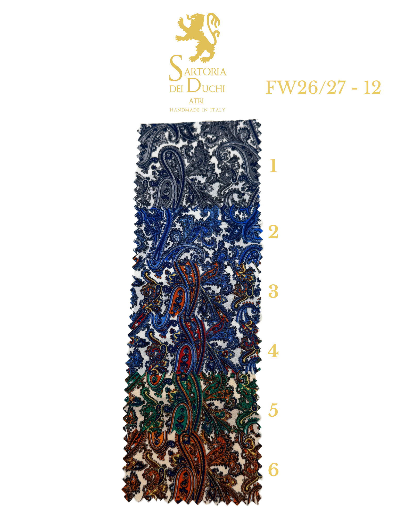 Paisley patterned fabric with measurement scale andSartoria Dei Duchi - Atri logo on a white background