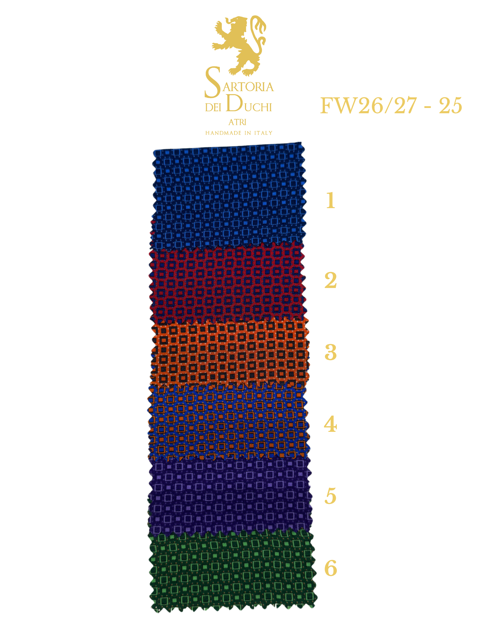 Color swatch with a patterned fabric and Sartoria Dei Duchi - Atri branding on a white background.