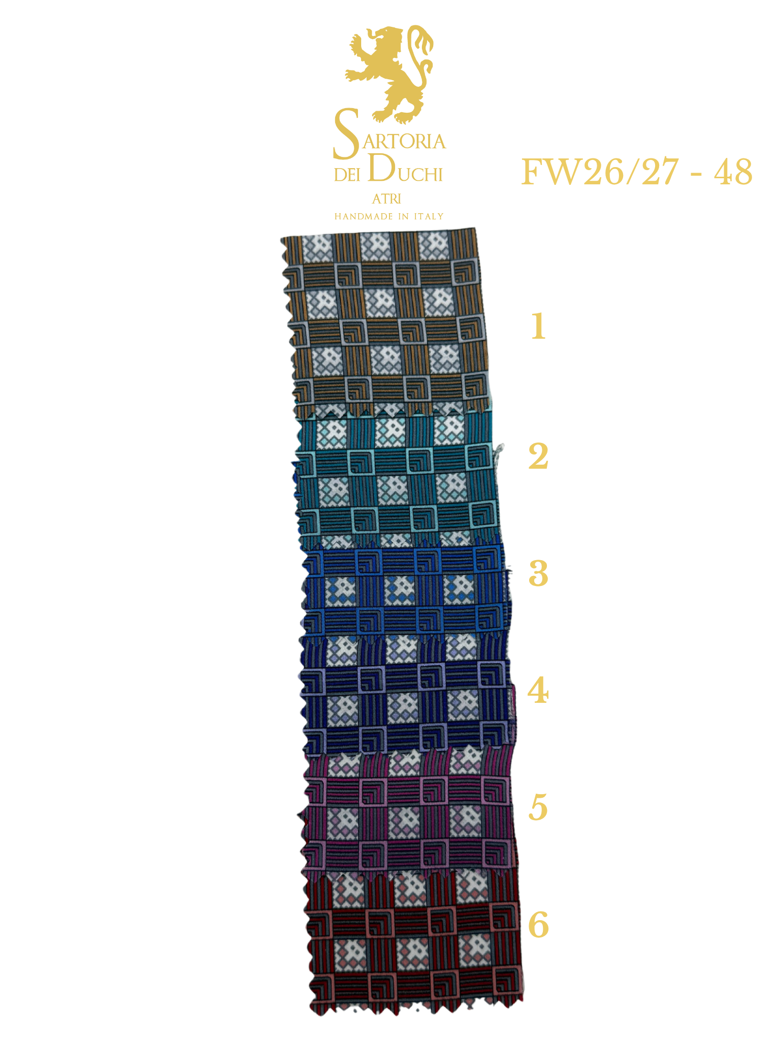 Patterned fabric swatch with measurement scale and Sartoria del Duchi logo on a white background