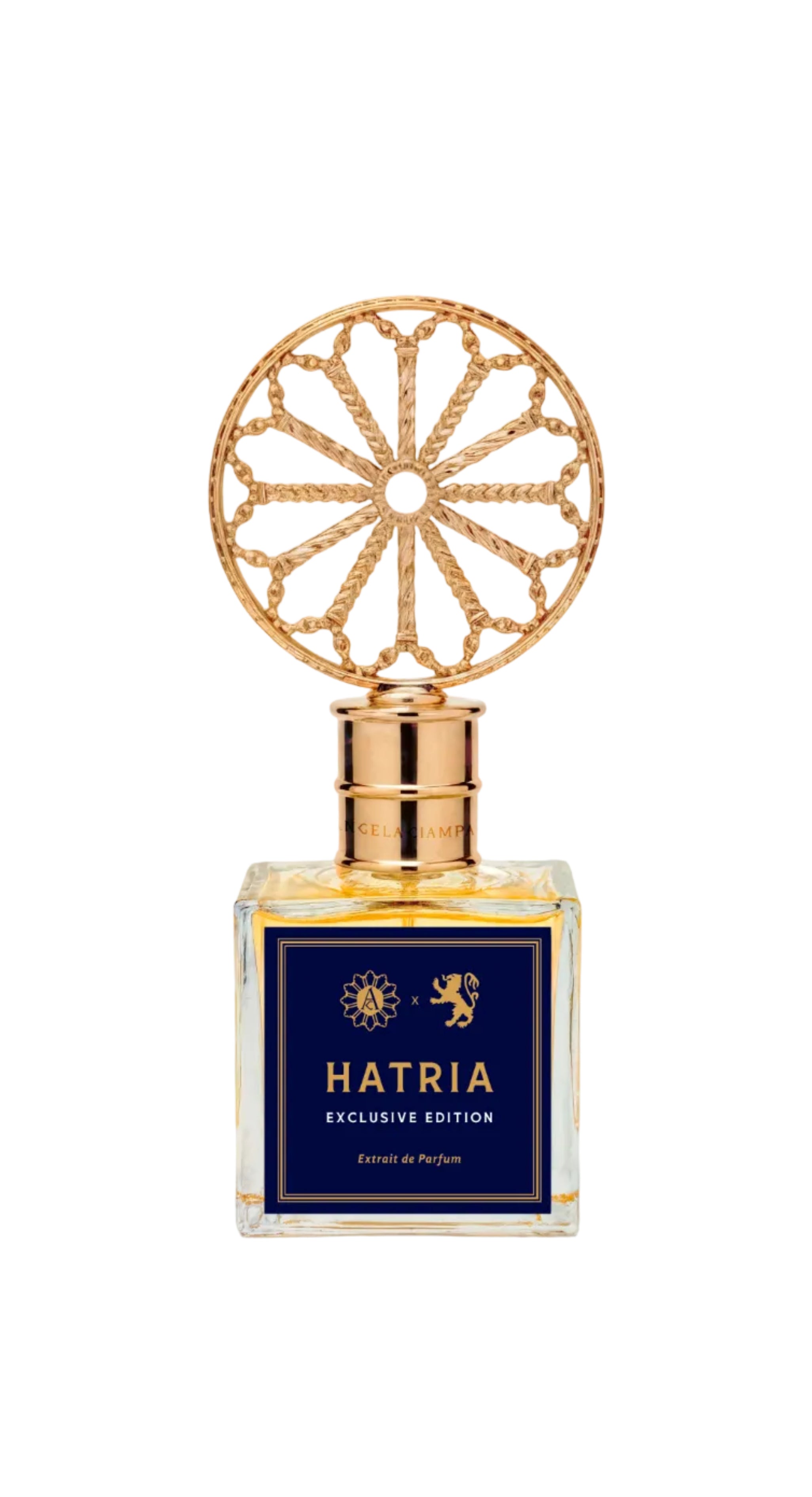Hatria - Parfum. Perfume bottle with decorative gold cap on a white background.- Dei Duchi
