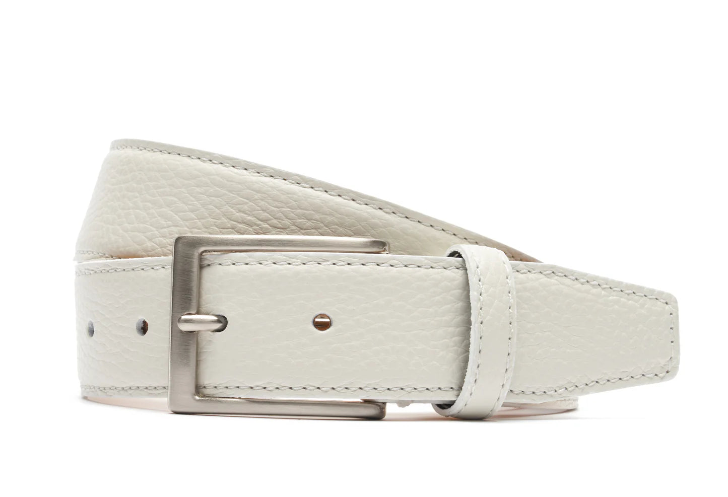 Handcrafted Tumbled Belt - Natural White. Tumbled and dyed calf leather. A 120cm waist measurement corresponds to a size 60 pant. Total belt length (including buckle) is 135cm. 3.5cm metal buckle with a brushed finish. The belt is adjustable with a screw on the back and is very easy to cut.- Sartoria Dei Duchi - Atri
