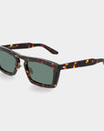 Sunglasses with tortoiseshell frame and green lenses on a light gray background. - De Duchi