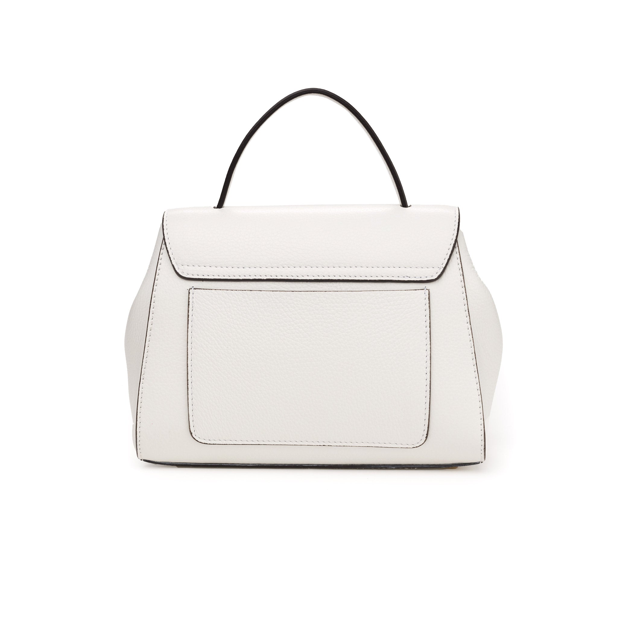 Rear back view of White leather handbag with gold clasp/buckle on a white background.- DEI DUCHI (AMALTEA)