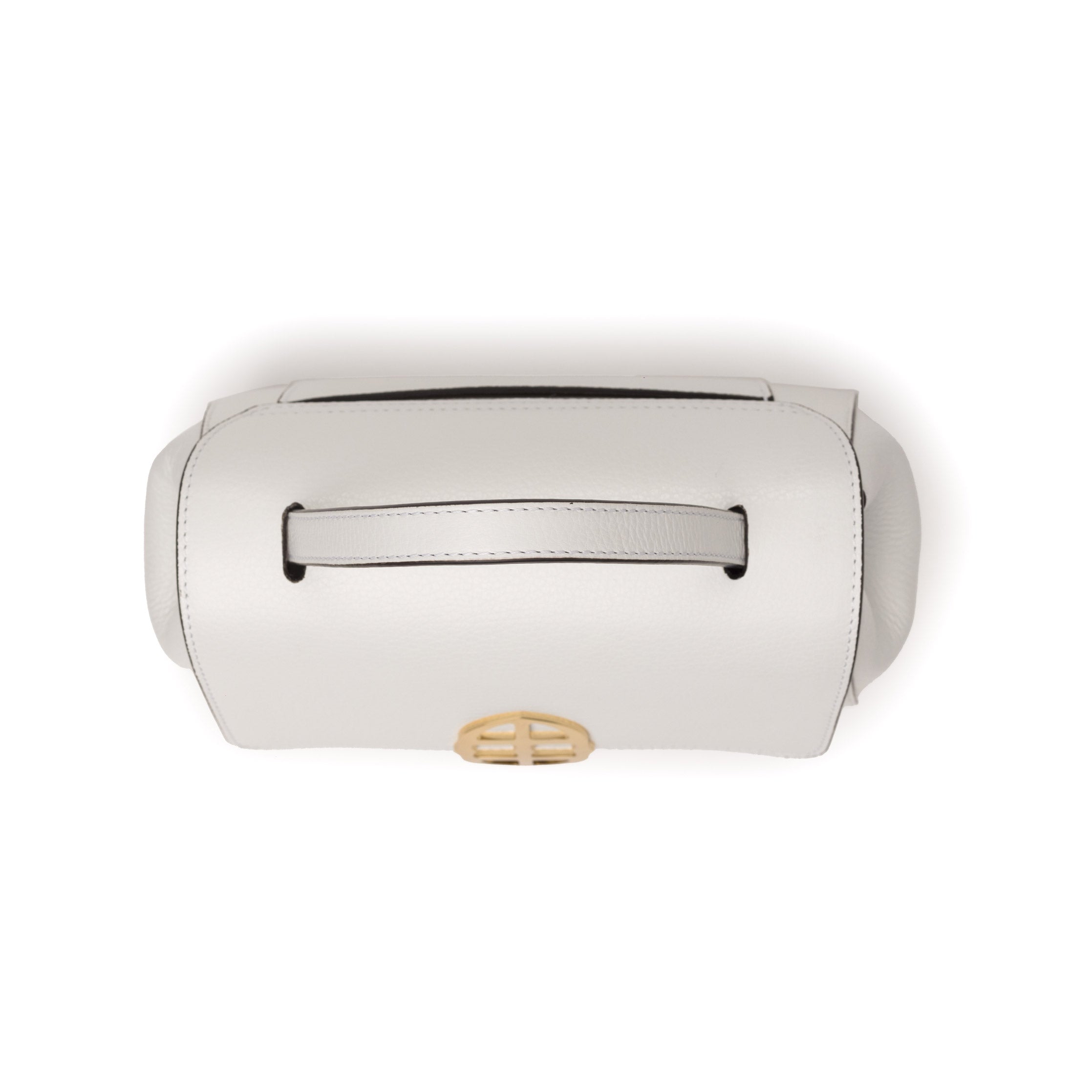 Top view of White leather handbag with gold clasp/buckle on a white background.- DEI DUCHI (AMALTEA)