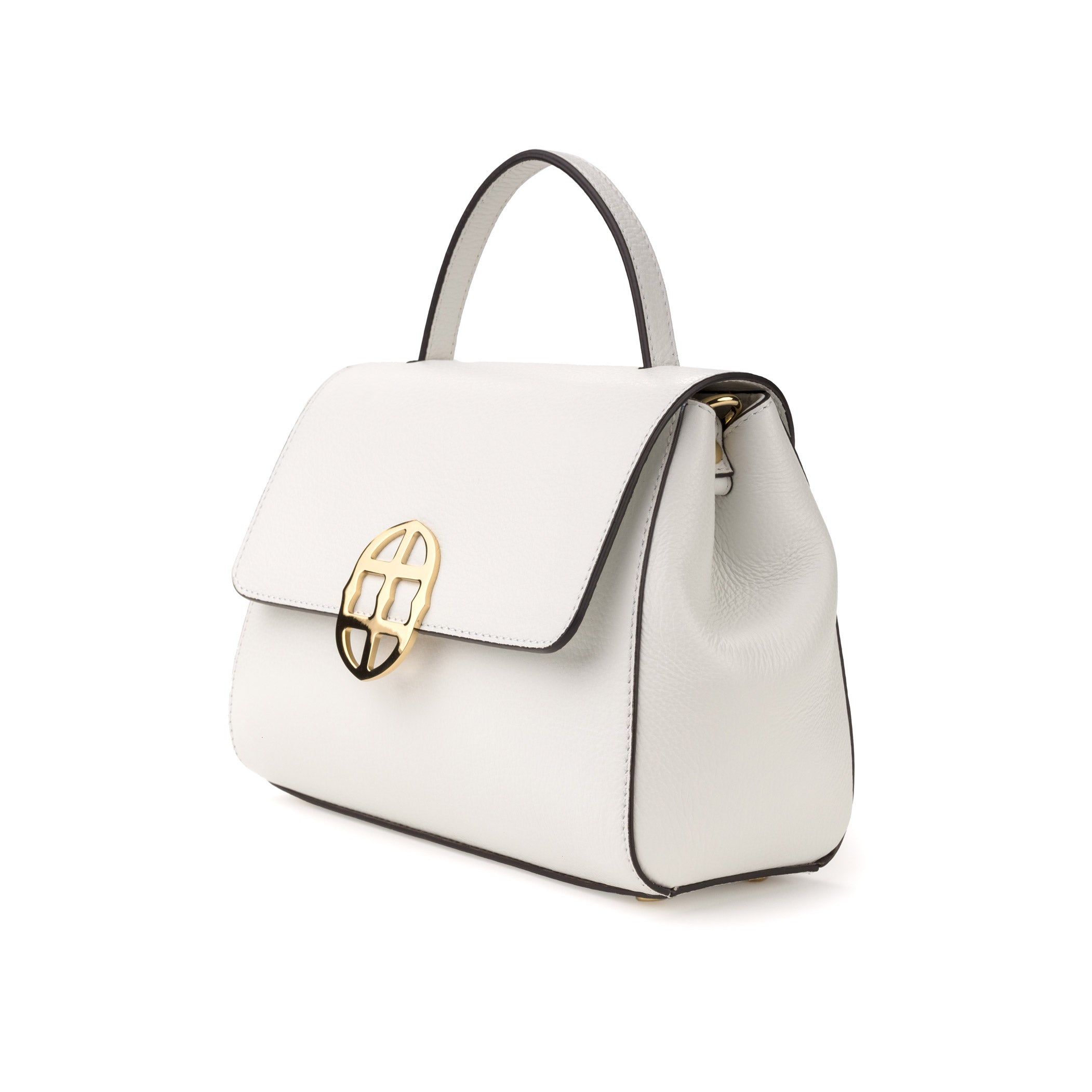 Orthographic view of White leather handbag with gold clasp/buckle on a white background.- DEI DUCHI (AMALTEA)