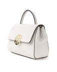 Orthographic view of White leather handbag with gold clasp/buckle on a white background.- DEI DUCHI (AMALTEA)