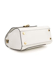 Bottom rear view of White leather handbag with gold clasp/buckle on a white background.- DEI DUCHI (AMALTEA)