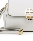 Close up view of White leather handbag with gold clasp/buckle on a white background.- DEI DUCHI (AMALTEA)
