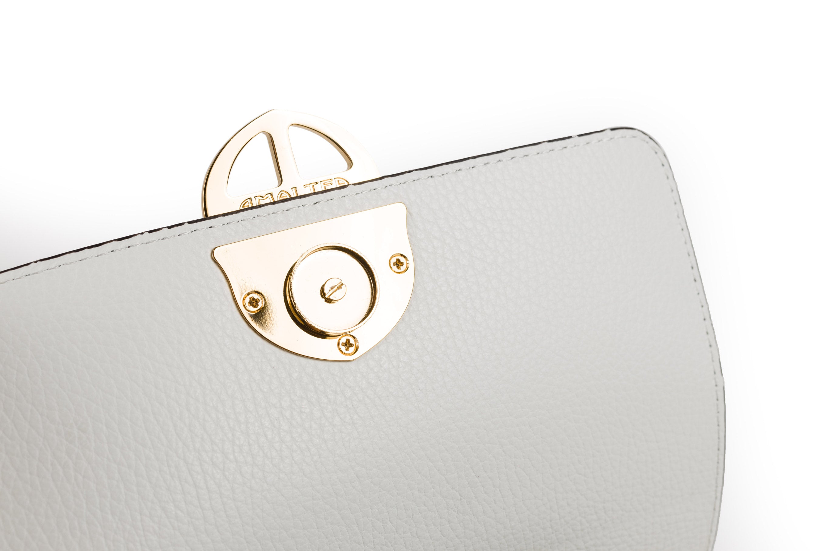 Section view of White leather handbag with gold clasp/buckle on a white background.- DEI DUCHI (AMALTEA)