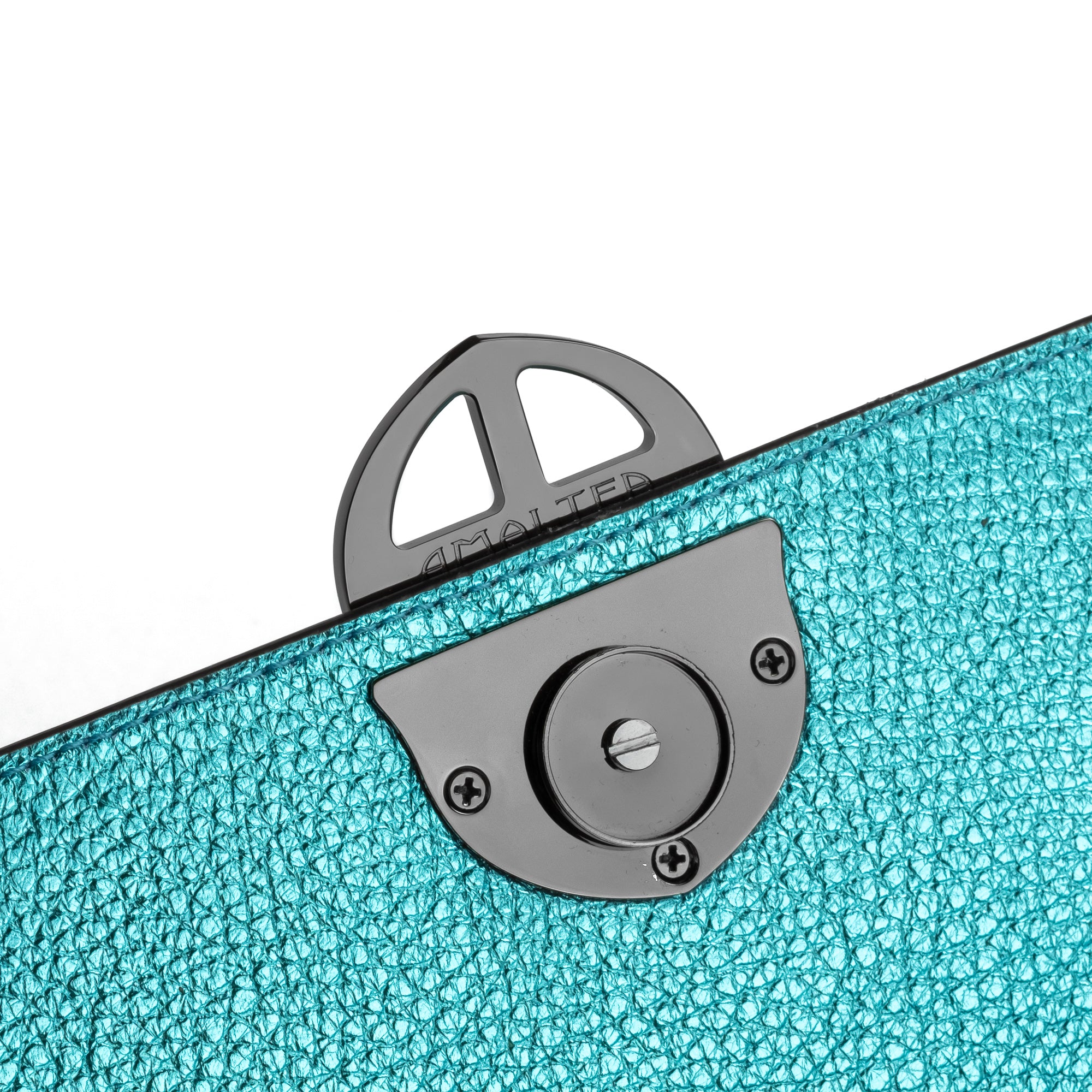 Metallic Turquoise Teal leather handbag with a burnished metal clasp buckle on a white background. - DEI DUCHI (AMALTEA)
