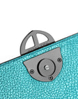 Metallic Turquoise Teal leather handbag with a burnished metal clasp buckle on a white background. - DEI DUCHI (AMALTEA)