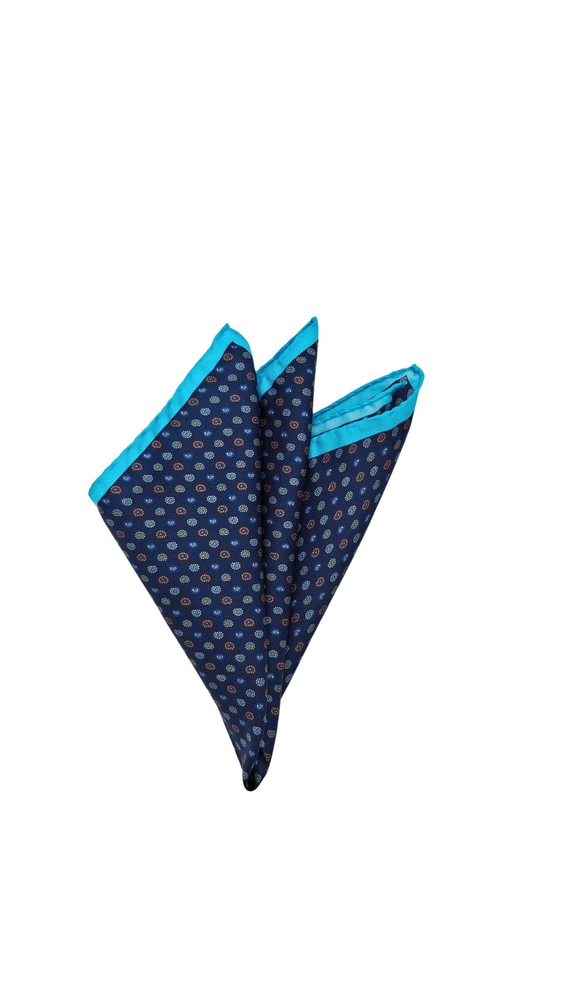 Navy pocket square with blue border on a white background. Sartoria Dei Duchi - Atri
