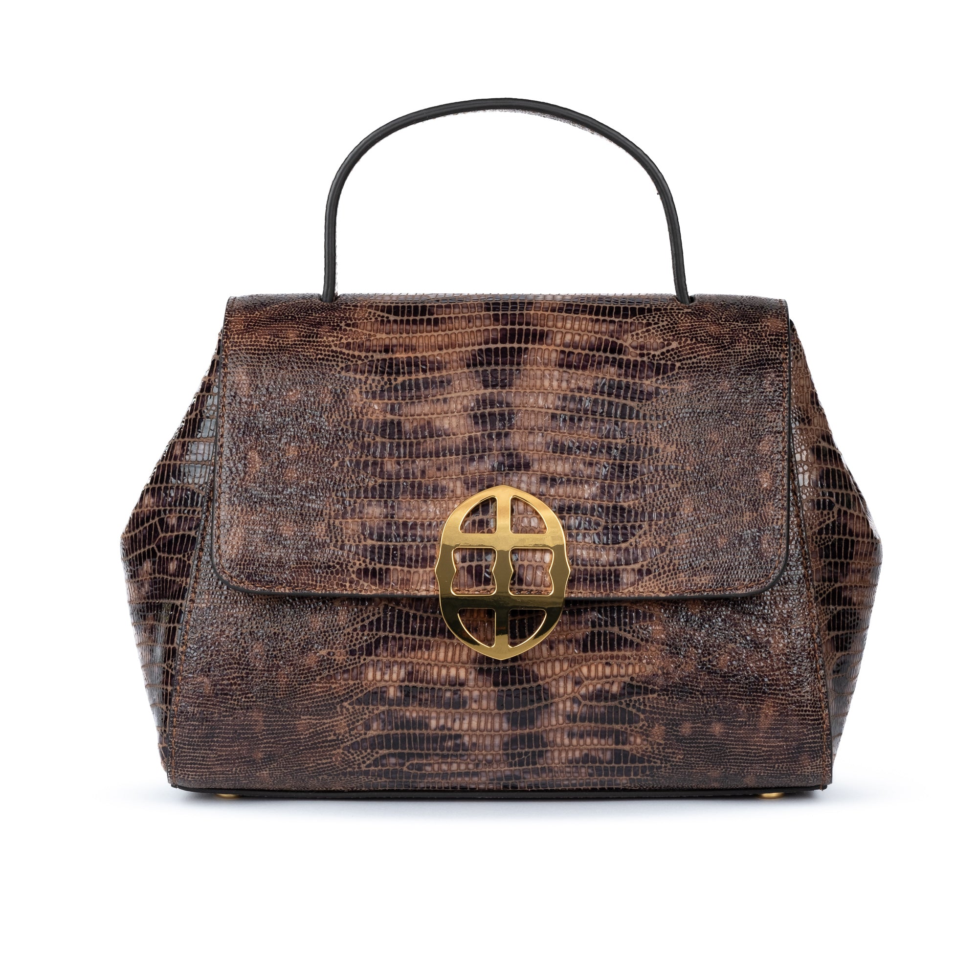 Brown textured handbag with a gold clasp on a white background. DEI DUCHI (AMALTEA)