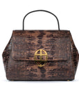 Brown textured handbag with a gold clasp on a white background. DEI DUCHI (AMALTEA)