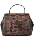 Brown textured handbag with a gold clasp on a white background. DEI DUCHI (AMALTEA)