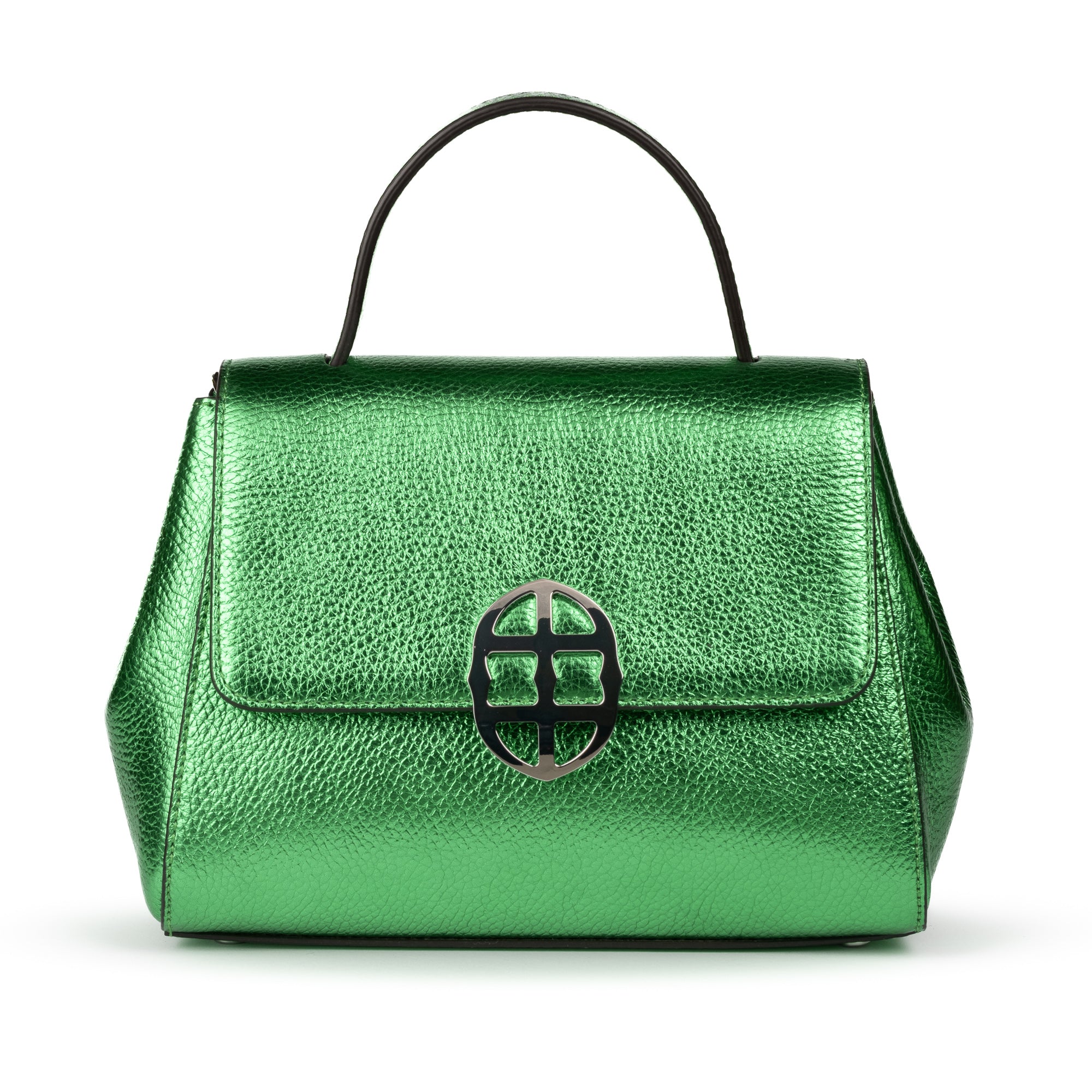 Metallic Green leather handbag with a silver buckle on a white background. - DEI DUCHI ( AMALTEA)