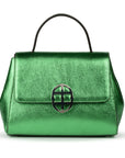 Metallic Green leather handbag with a silver buckle on a white background. - DEI DUCHI ( AMALTEA)