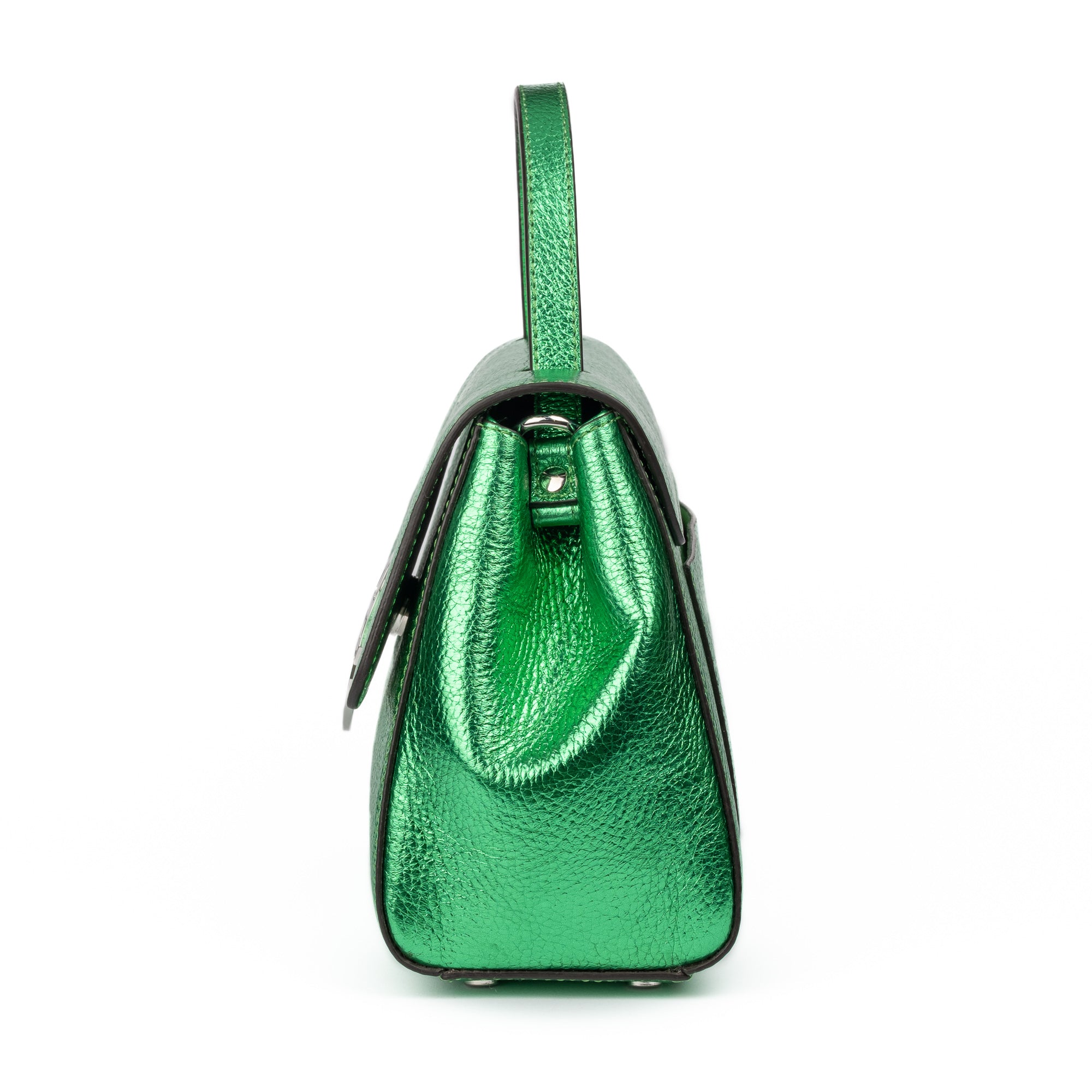 Metallic Green leather handbag with a silver buckle on a white background. - DEI DUCHI ( AMALTEA)