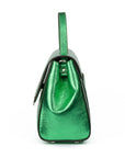 Metallic Green leather handbag with a silver buckle on a white background. - DEI DUCHI ( AMALTEA)