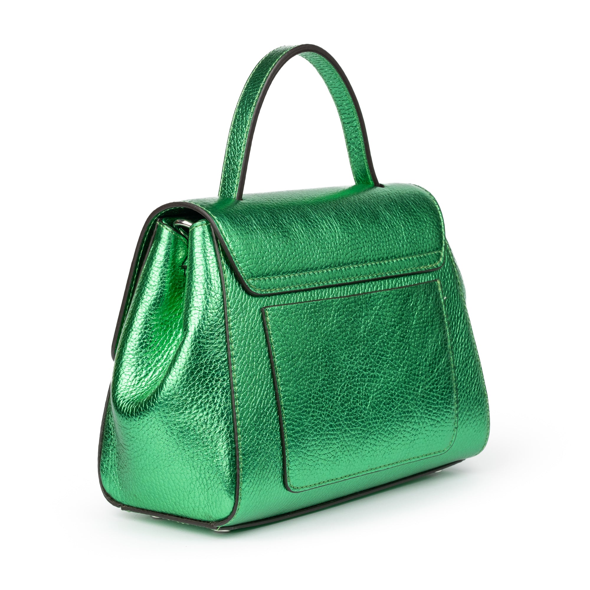 Metallic Green leather handbag with a silver buckle on a white background. - DEI DUCHI ( AMALTEA)