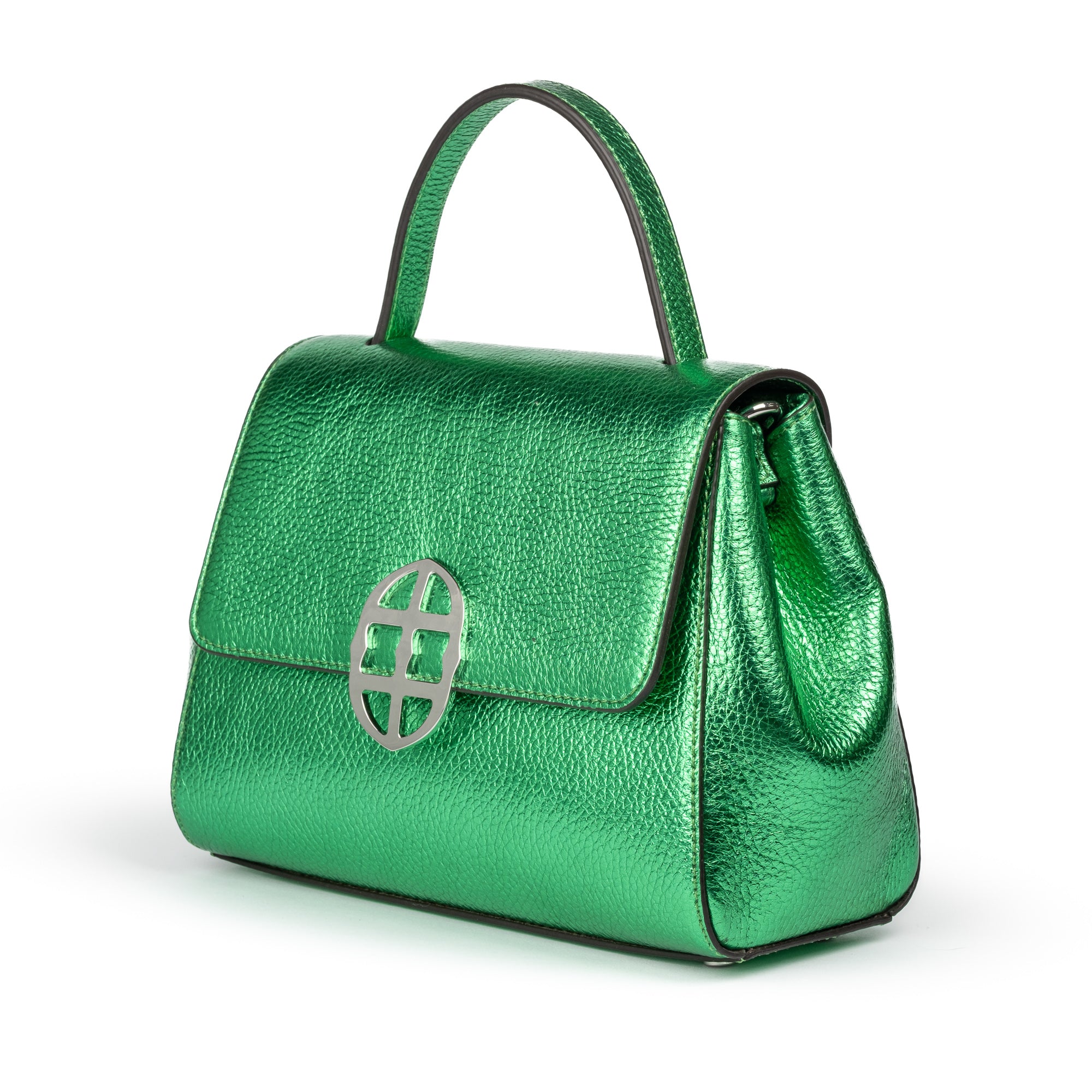 Metallic Green leather handbag with a silver buckle on a white background. - DEI DUCHI ( AMALTEA)