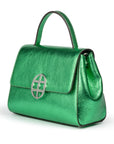Metallic Green leather handbag with a silver buckle on a white background. - DEI DUCHI ( AMALTEA)