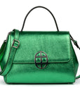 Metallic Green leather handbag with a silver buckle on a white background. - - DEI DUCHI ( AMALTEA)