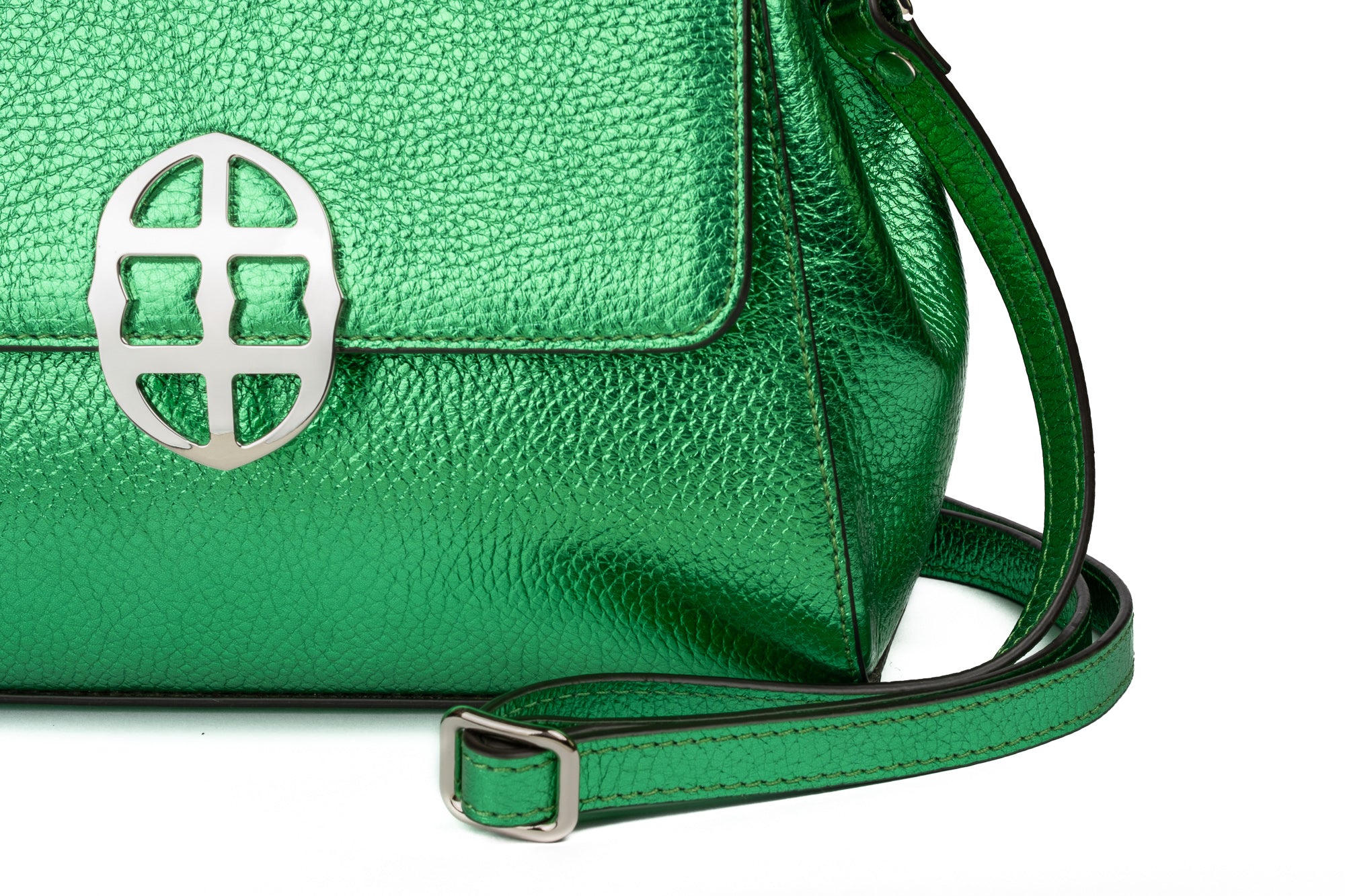 Metallic Green leather handbag with a silver buckle on a white background. - DEI DUCHI ( AMALTEA)