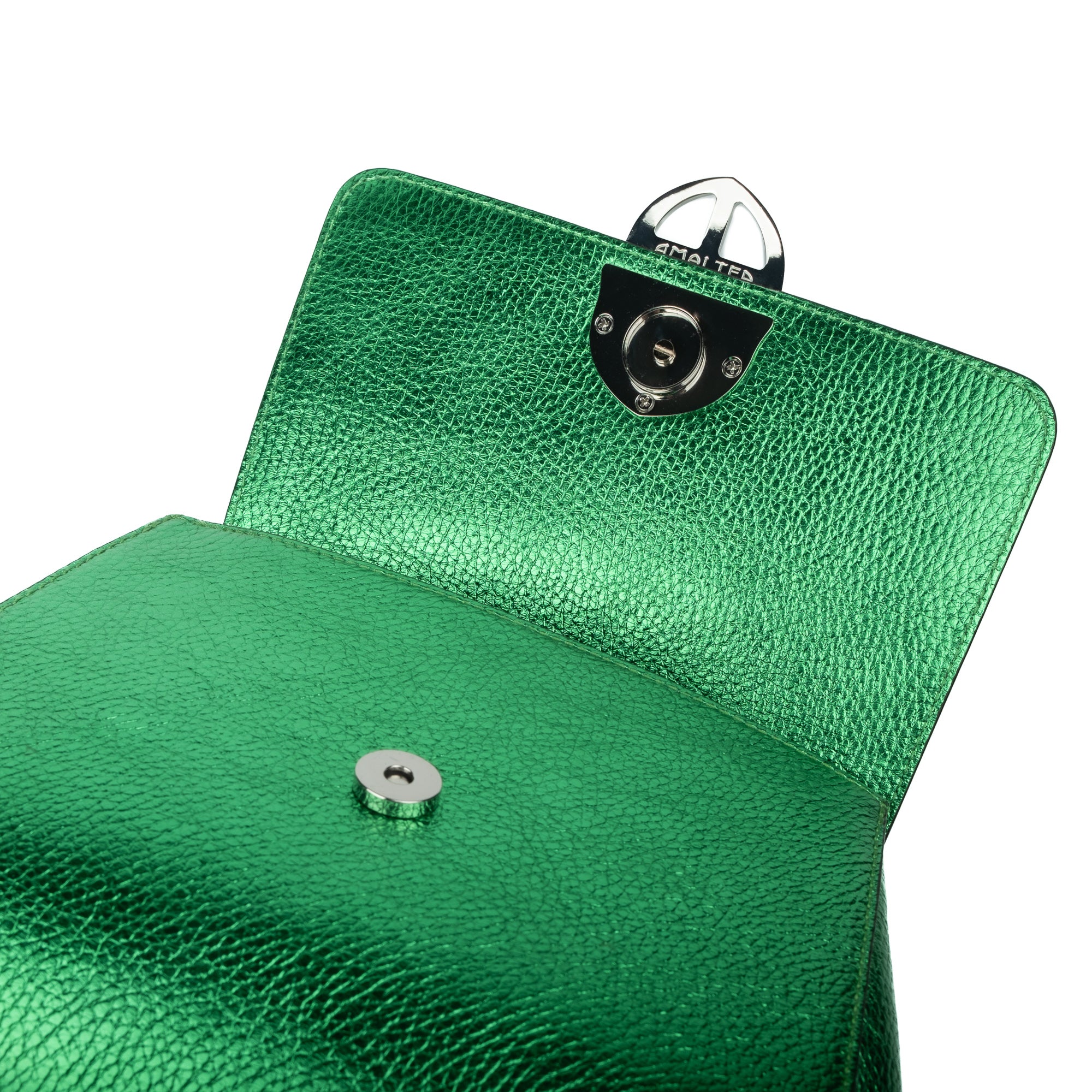 Metallic Green leather handbag with a silver buckle on a white background. - DEI DUCHI ( AMALTEA)